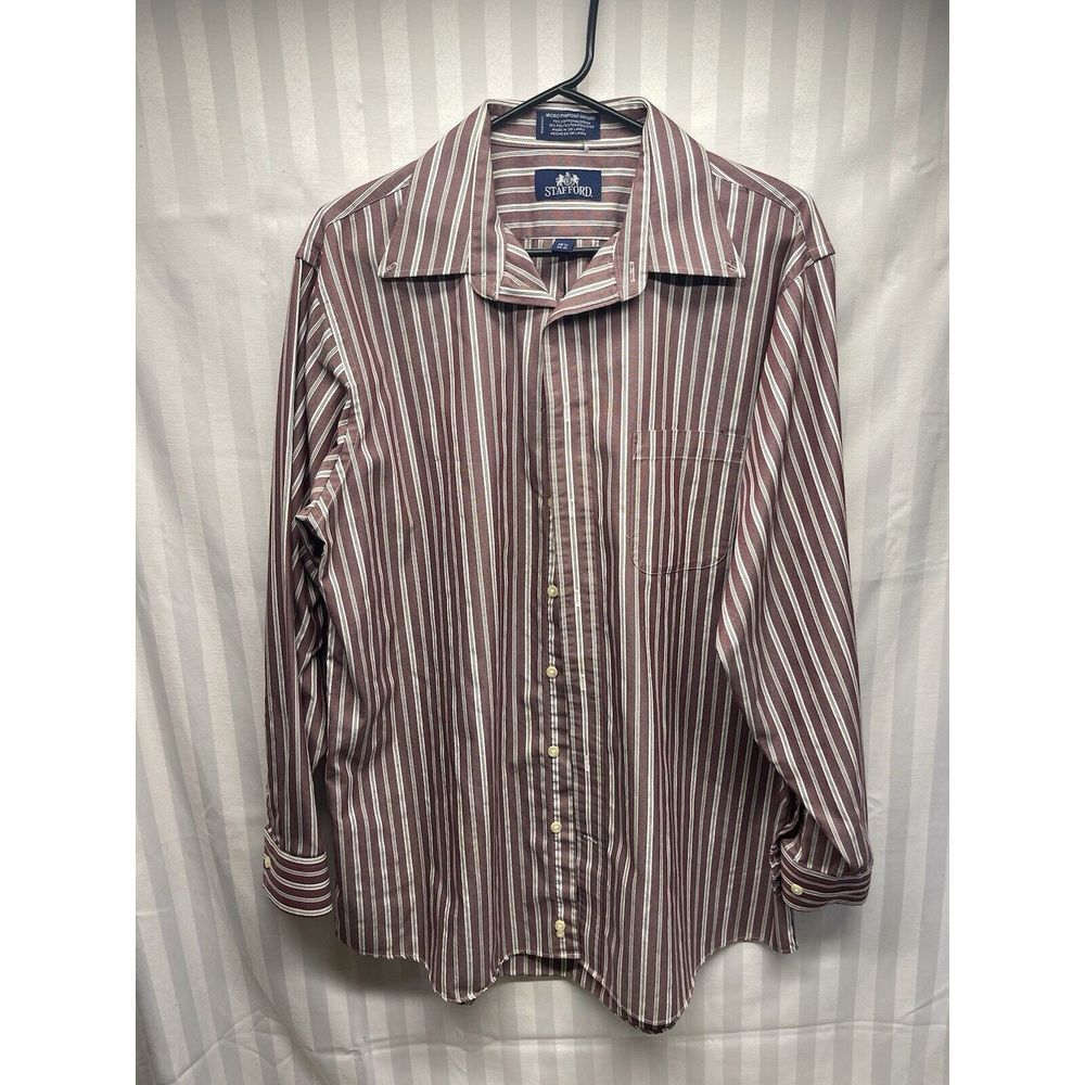 Stafford Mens Long Sleeve‎ Button Up Shirt Burgundy Stripede Size 16 1/2 34-35